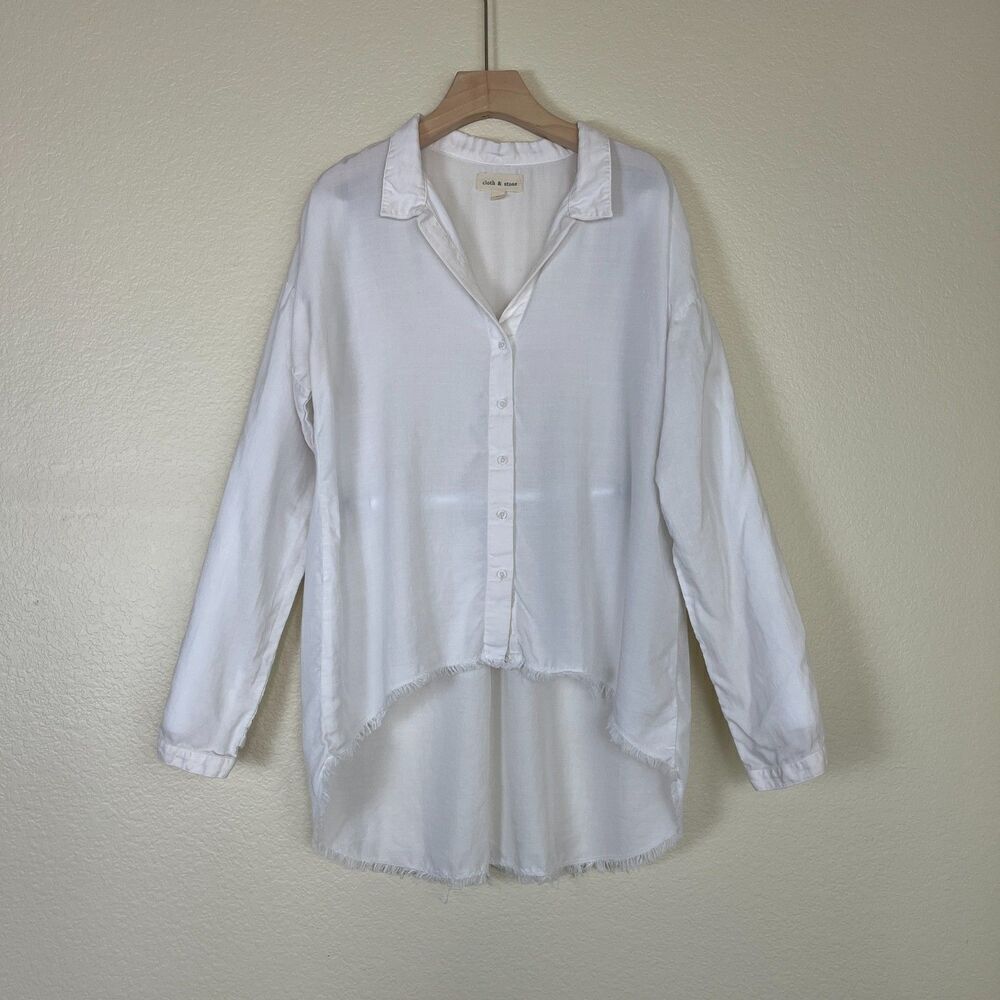 Cloth & Stone Women's Size M White Frayed Hem Button Down Tunic Shirt Boho